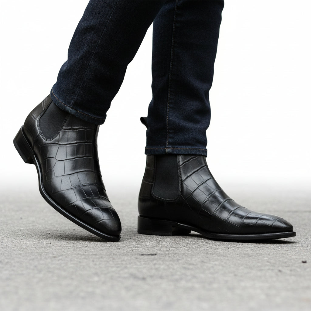model-walking-street - Men's Black Leather Chelsea Boots with Crocodile Print