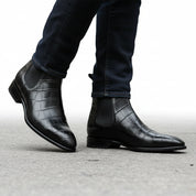 model-walking-street - Men's Black Leather Chelsea Boots with Crocodile Print