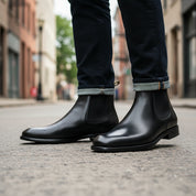 model-walking-street - Men's Black Leather Chelsea Boots