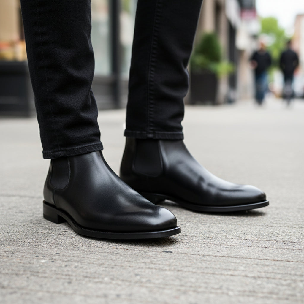 model-walking-street - Men's Black Leather Chelsea Boots