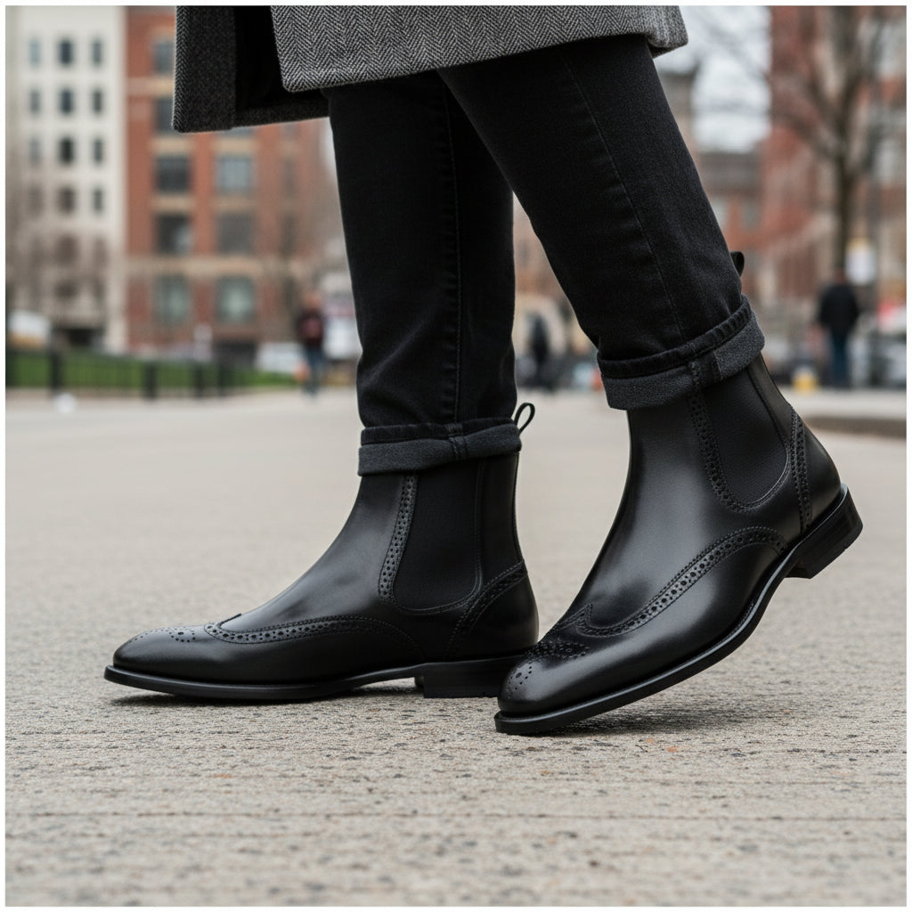 model-walking-street - Men's Black Leather Chelsea Boots