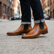 model-walking-street - Men's Black Leather Chelsea Boots