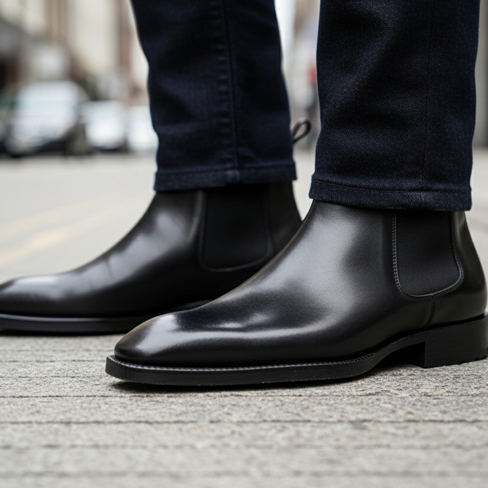 model-walking-street - Men's Black Leather Chelsea Boots