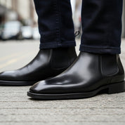 model-walking-street - Men's Black Leather Chelsea Boots
