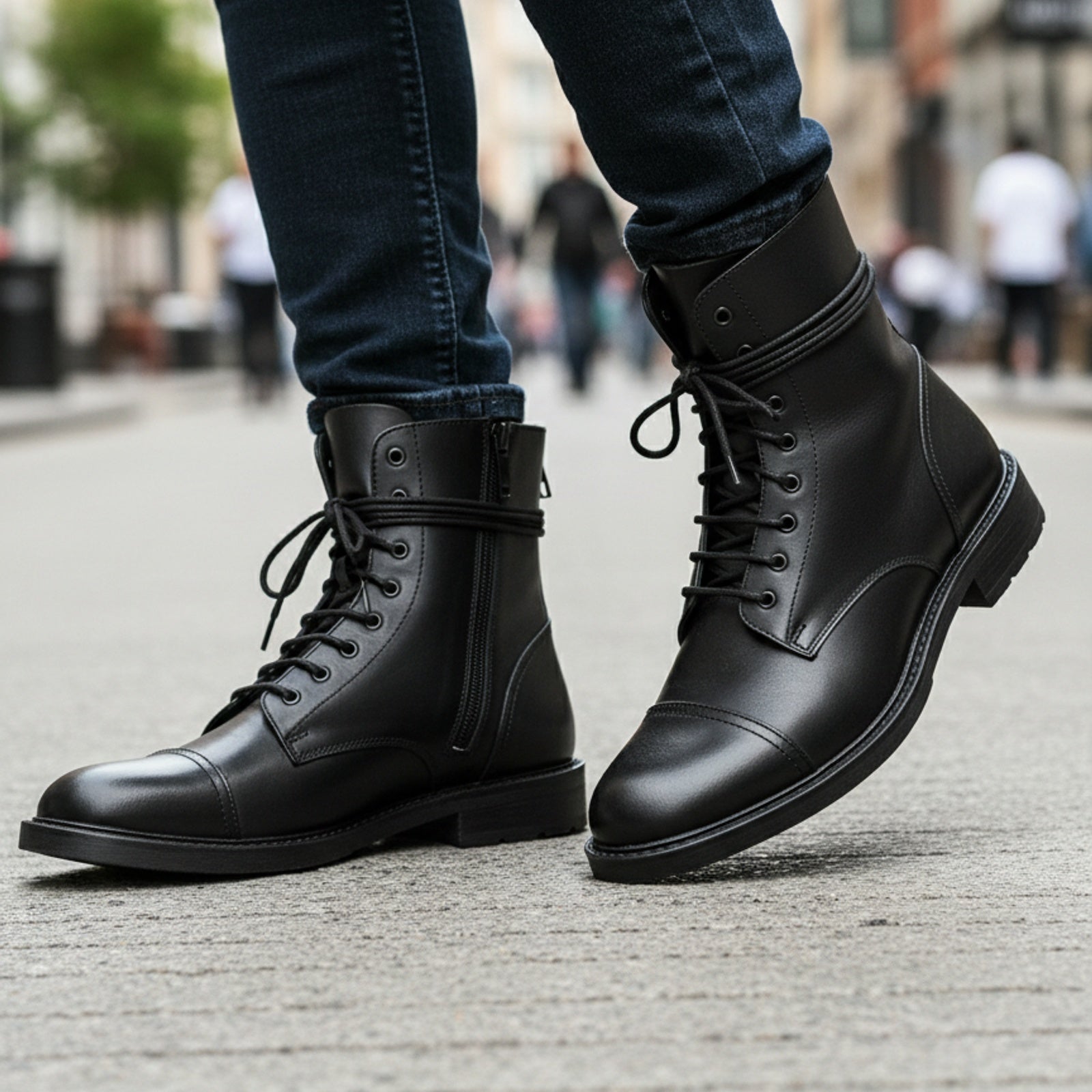 model-walking-street - Men's Black Leather Combat Boots with Lace-Up Design