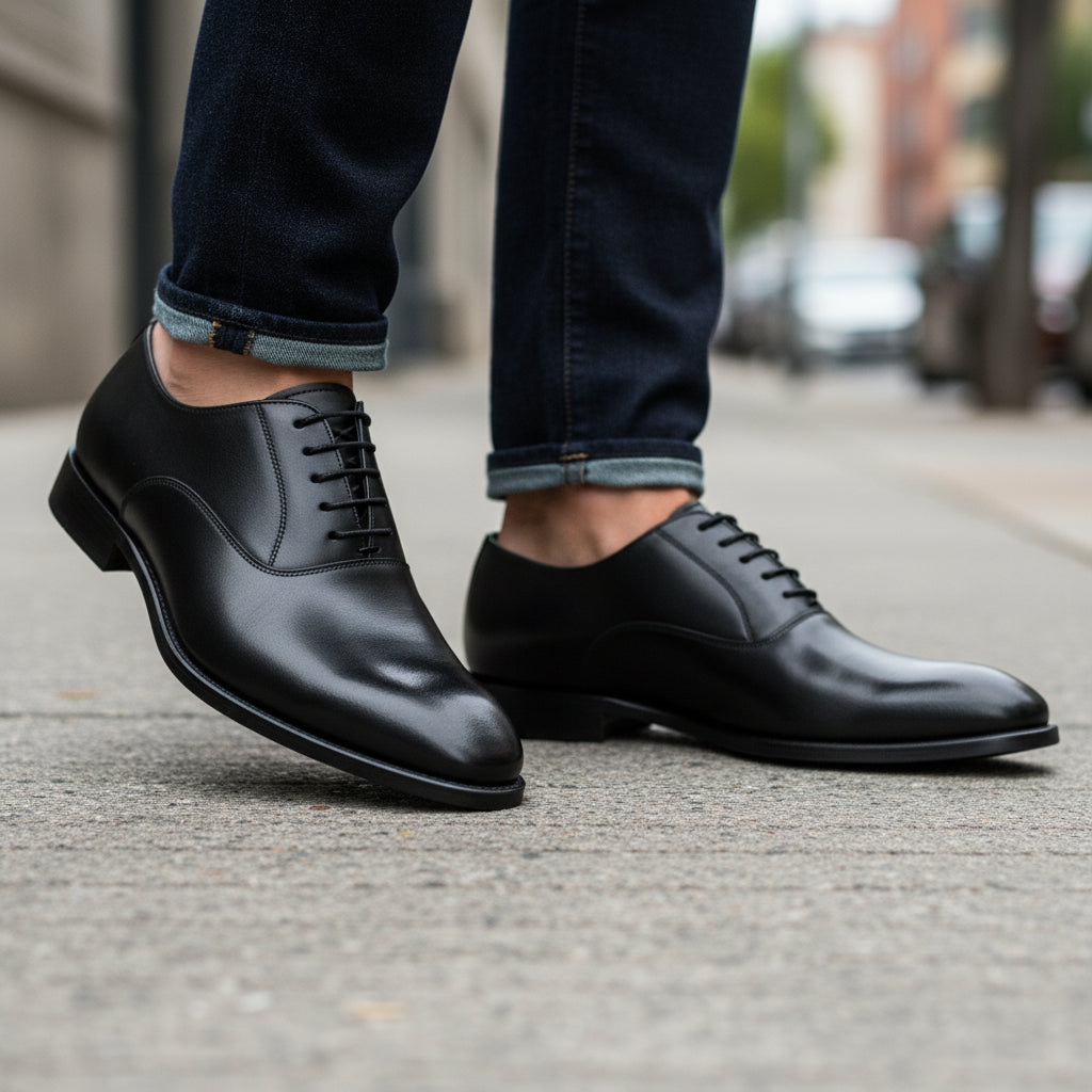 model-walking-street - Men's Black Leather Derby Dress Shoes
