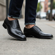 model-walking-street - Men's Black Leather Derby Dress Shoes