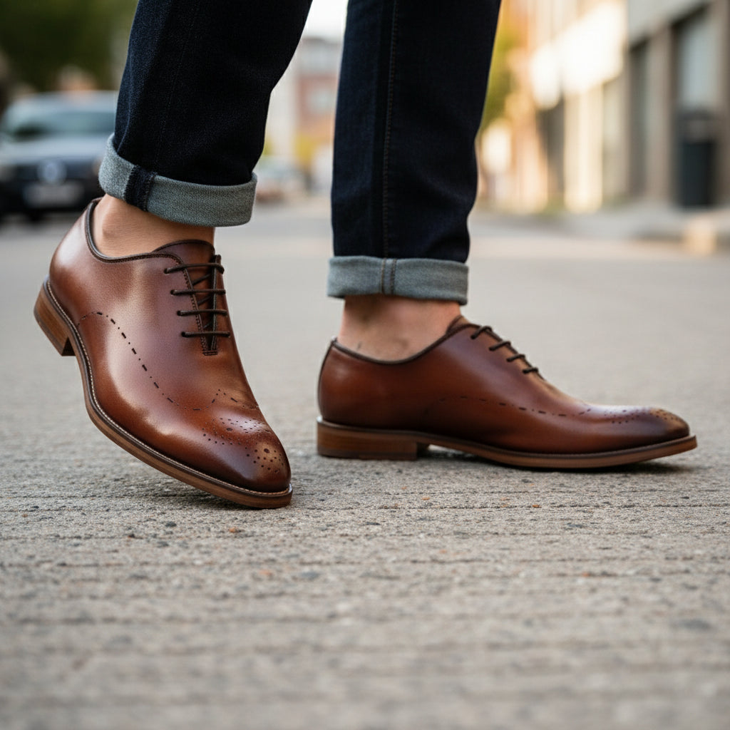 model-walking-street - Men's Black Leather Derby Dress Shoes