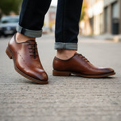 model-walking-street - Men's Black Leather Derby Dress Shoes