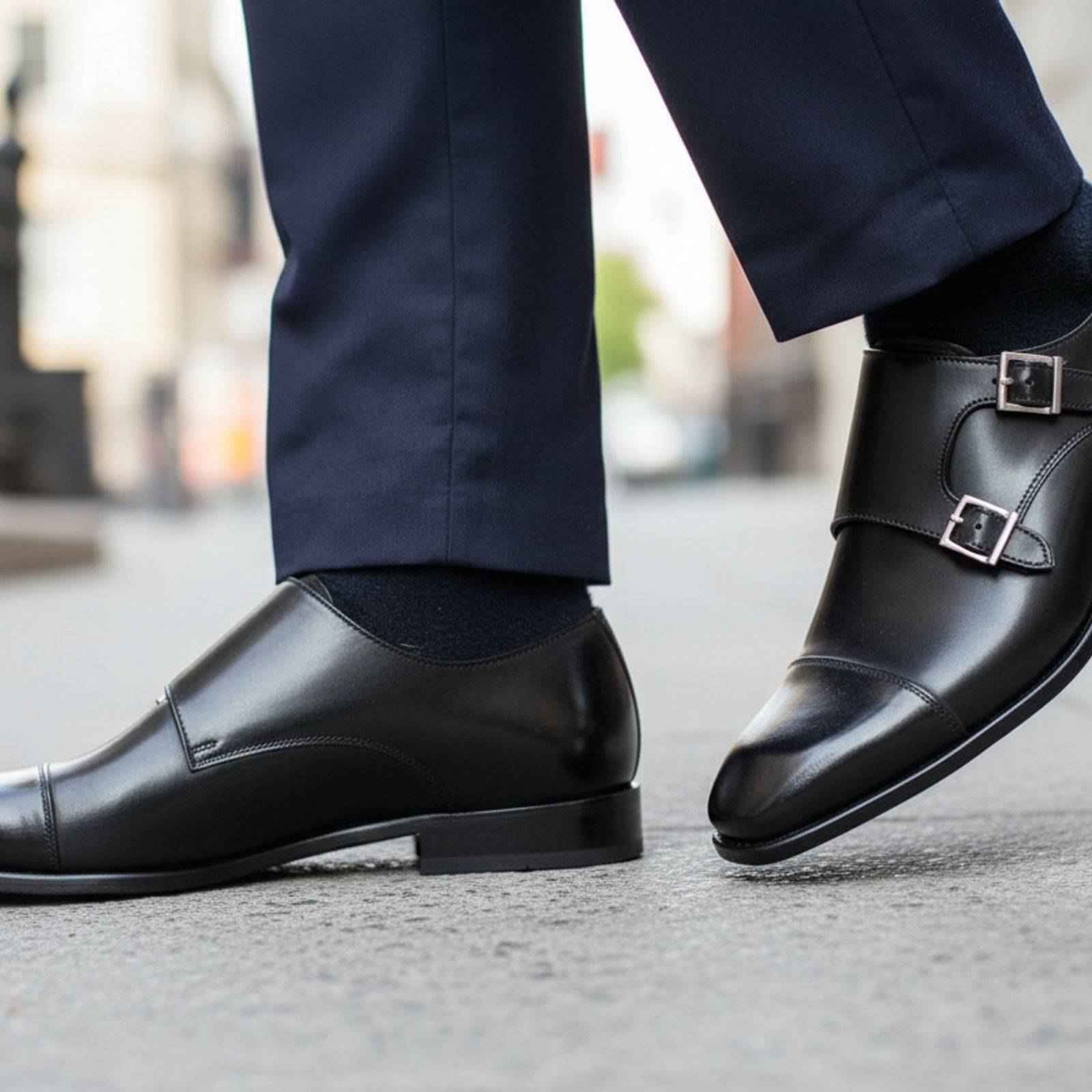 model-walking-street - Men's Black Leather Double Buckle Dress Shoes