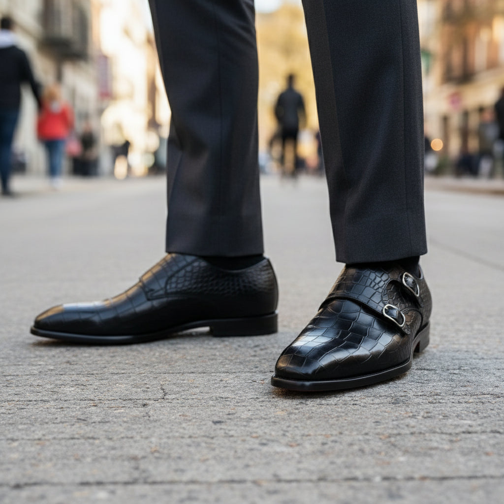 model-walking-street - Men's Black Leather Double-Buckle Monk Shoes with Crocodile Pattern