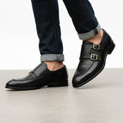 model-walking-street - Men's Black Leather Double Monk Moccasin Shoes