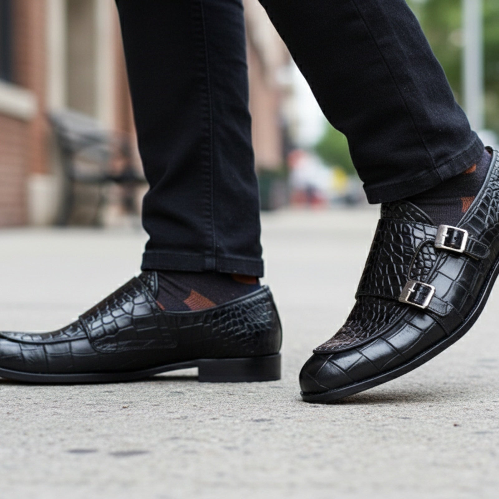 model-walking-street - Men's Black Leather Double Monk Moccasin Shoes