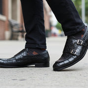 model-walking-street - Men's Black Leather Double Monk Moccasin Shoes