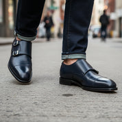 model-walking-street - Men's Black Leather Double Monk Shoes