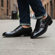 model-walking-street - Men's Black Leather Double Monk Strap Dress Shoes