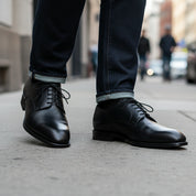 Men's Black Leather Dress Oxfords - model-walking-street