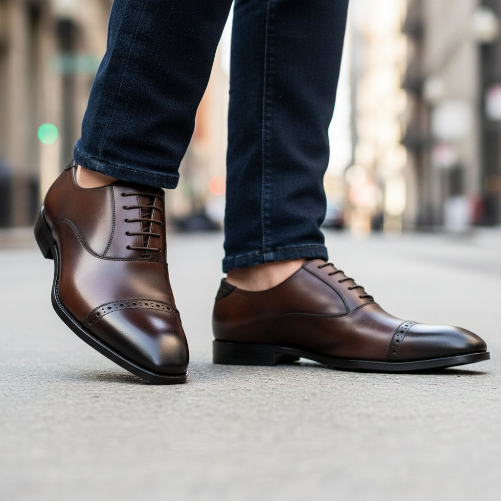 model-walking-street - Men's Black Leather Formal Dress Shoes