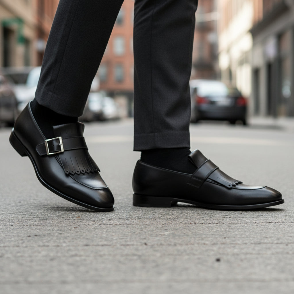 model-walking-street - Men's Black Leather Fringe Buckle Loafers
