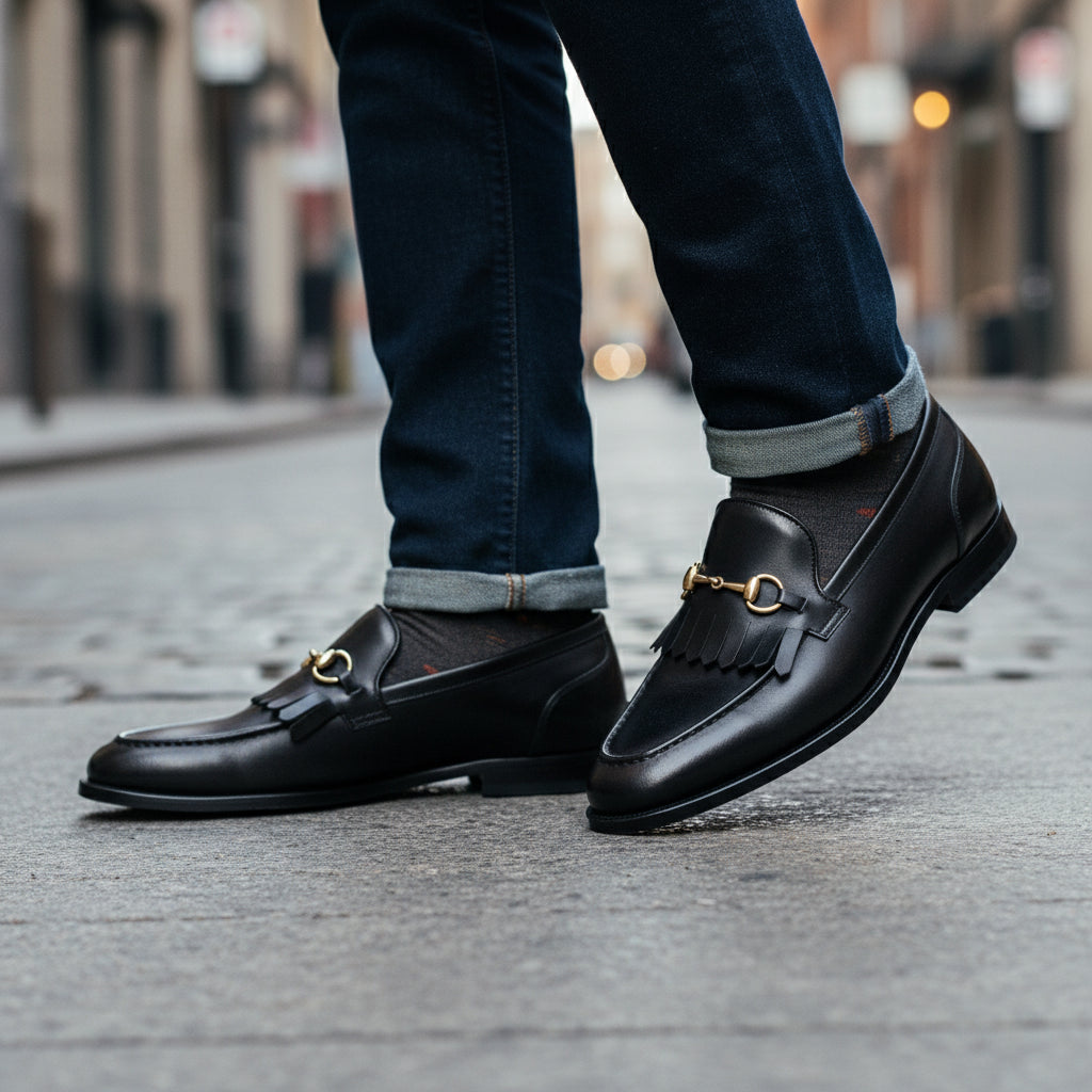 model-walking-street - Men's Black Leather Fringe Loafer Moccasins