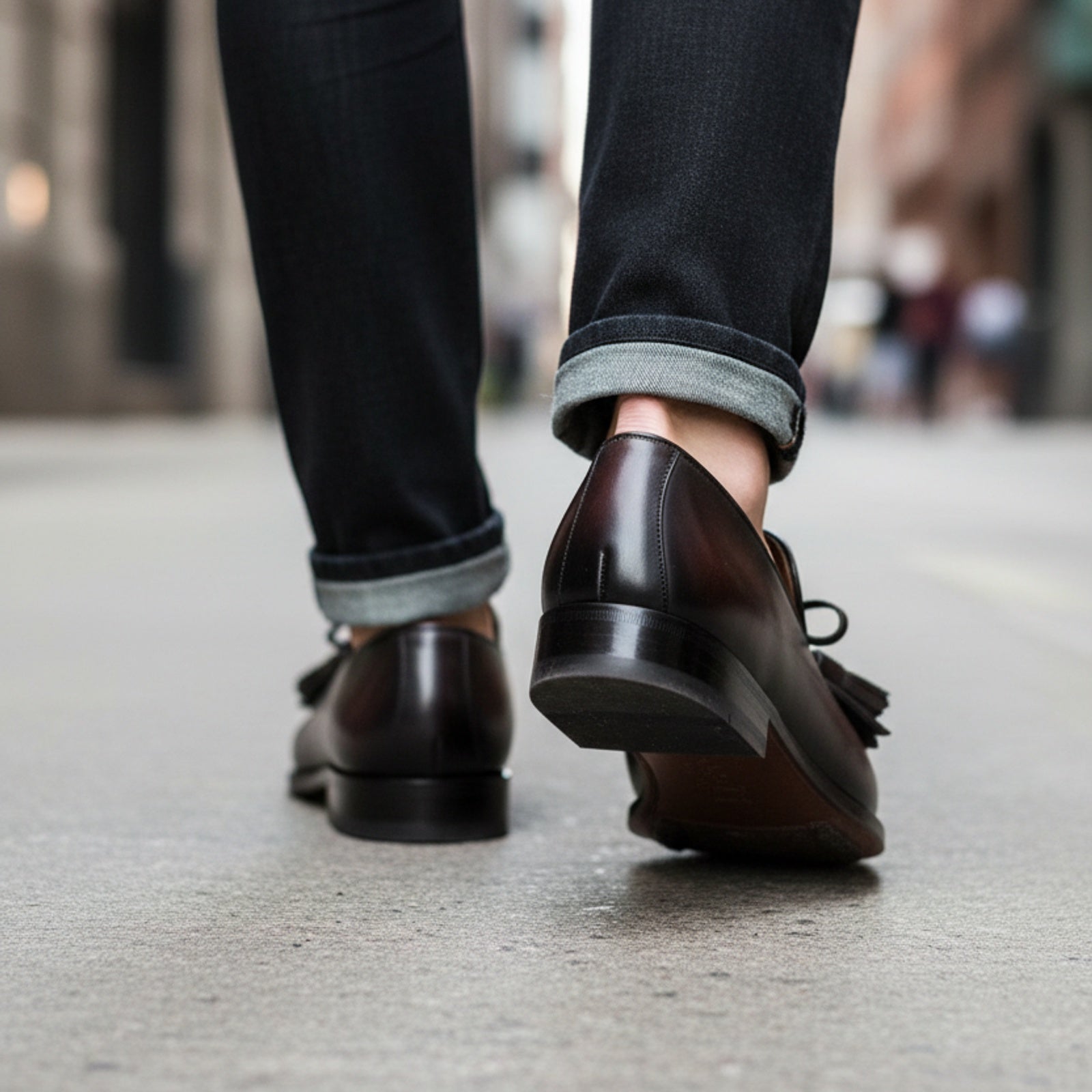 model-walking-street - Men's Black Leather Fringe Moccasins