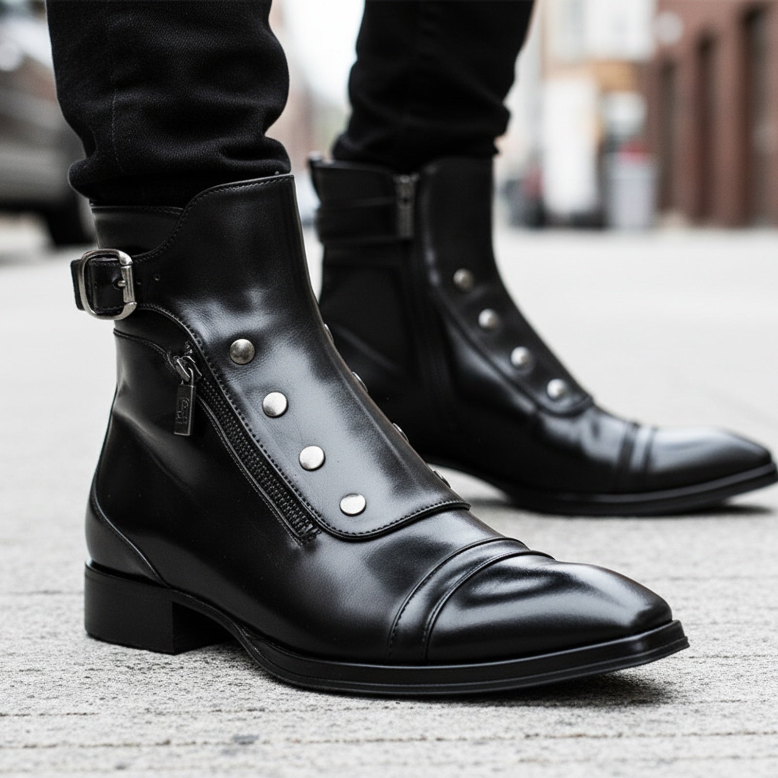 model-walking-street - Men's Black Leather High Ankle Boots with Side Button & Zipper