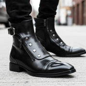 model-walking-street - Men's Black Leather High Ankle Boots with Side Button & Zipper