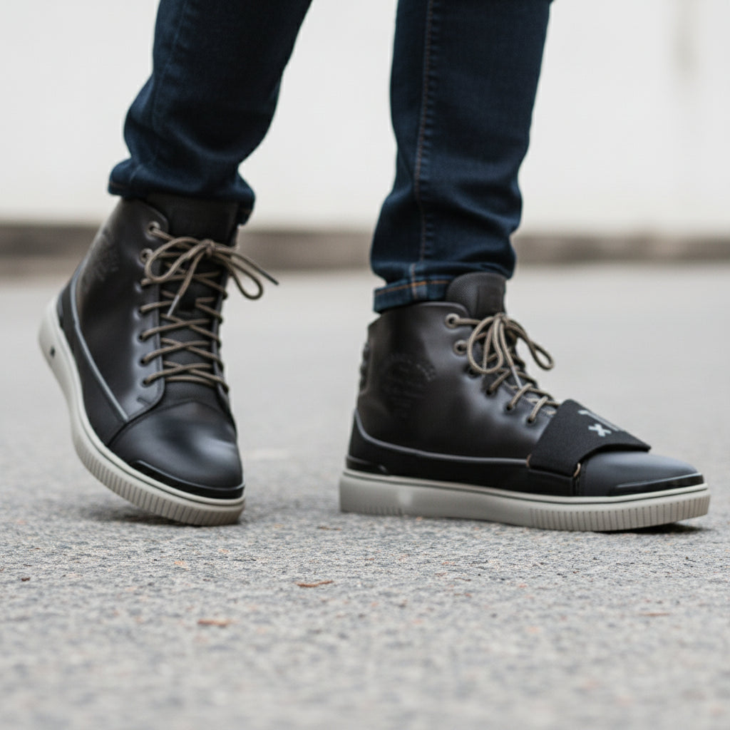 model-walking-street - Men's Black Leather High-Top Sneakers