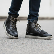 model-walking-street - Men's Black Leather High-Top Sneakers
