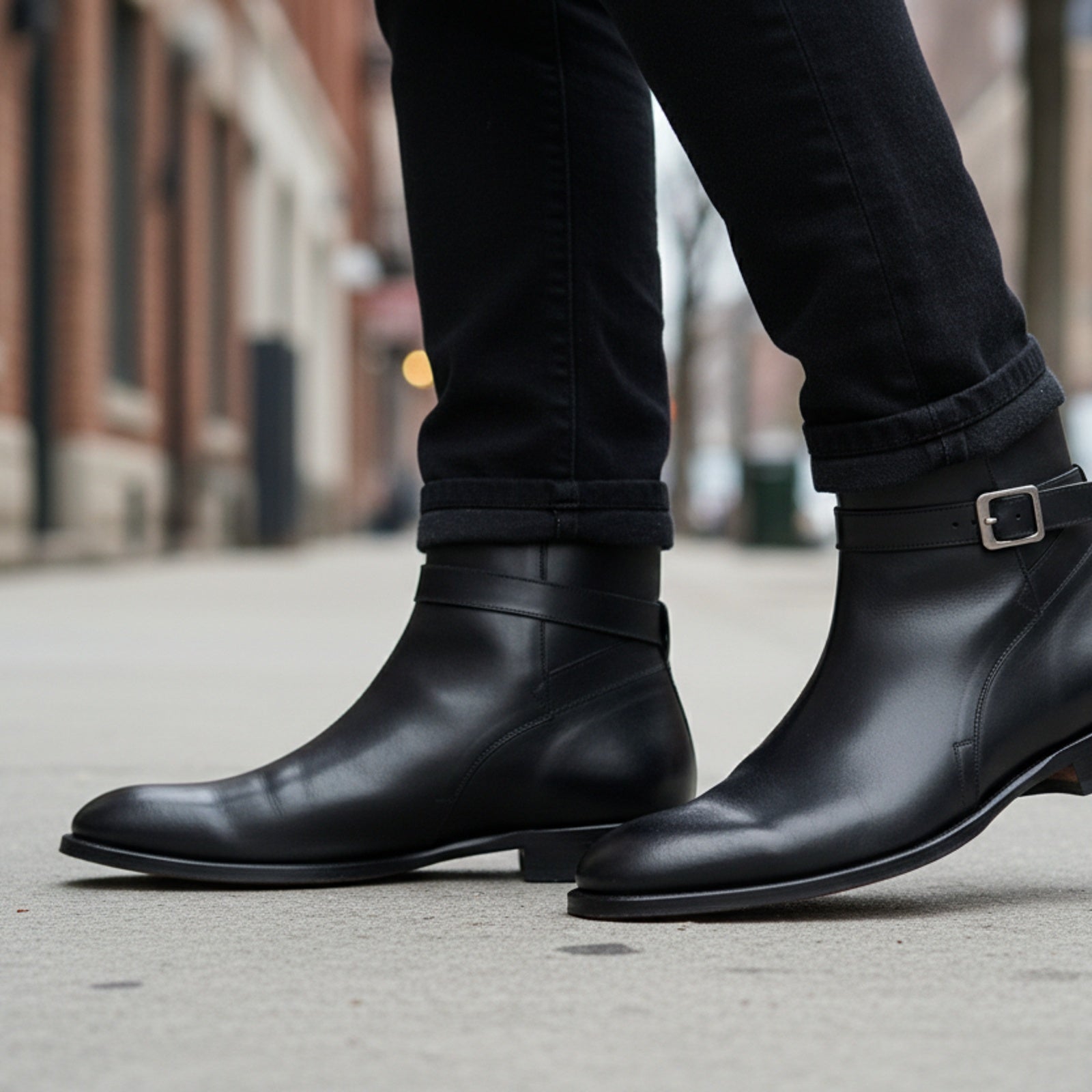 model-walking-street - Men's Black Leather Jodhpur Ankle Boots