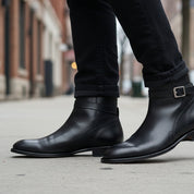 model-walking-street - Men's Black Leather Jodhpur Ankle Boots
