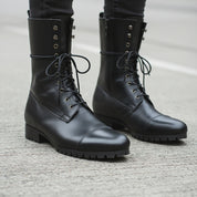 model-walking-street - Men's Black Leather Knee-High Military Boots