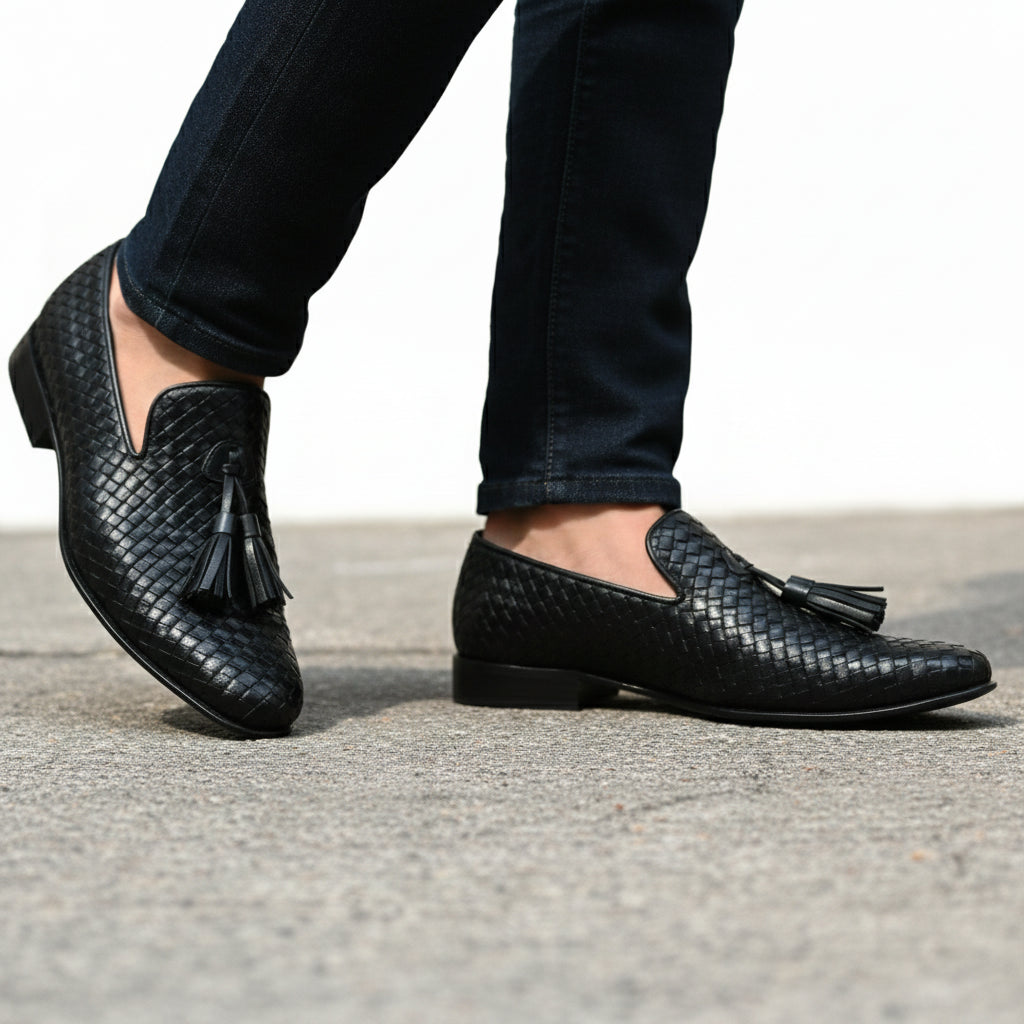 model-walking-street - Men's Black Leather Knitted Dress Shoes