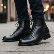 model-walking-street - Men's Black Leather Lace-Up Ankle Boots