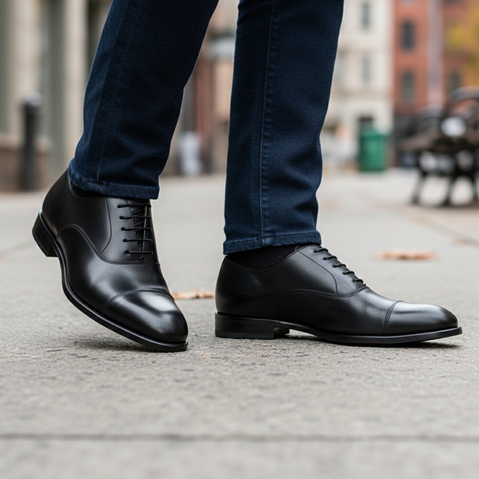 model-walking-street - Men's Black Leather Lace-Up Oxfords