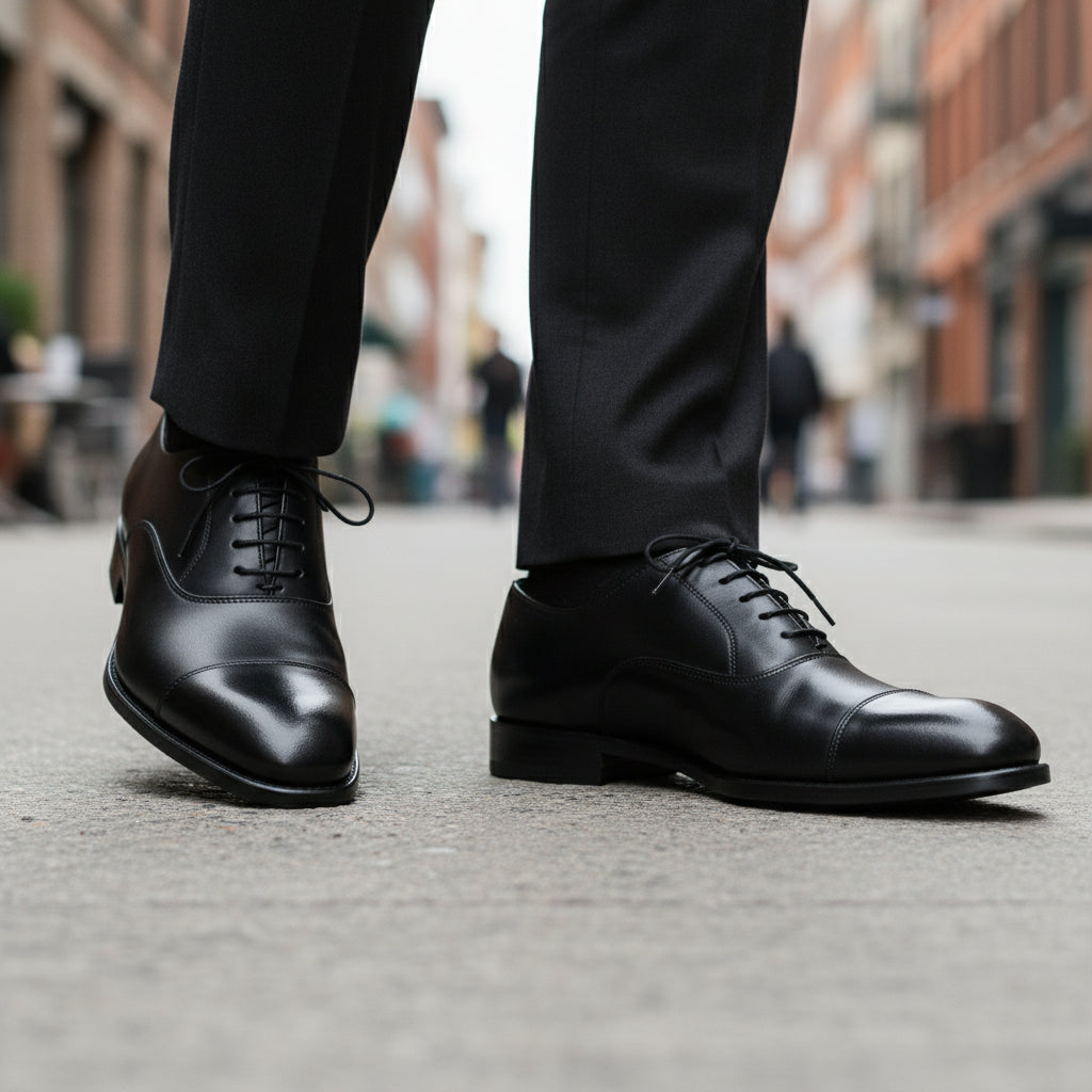 Men's Black Leather Lace-Up Oxfords - model-walking-street