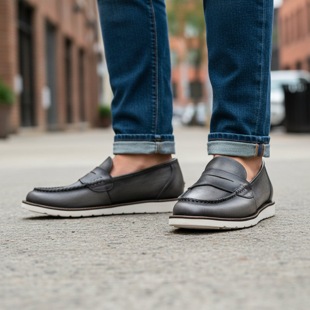 model-walking-street - Men's Black Leather Loafers