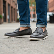 model-walking-street - Men's Black Leather Loafers