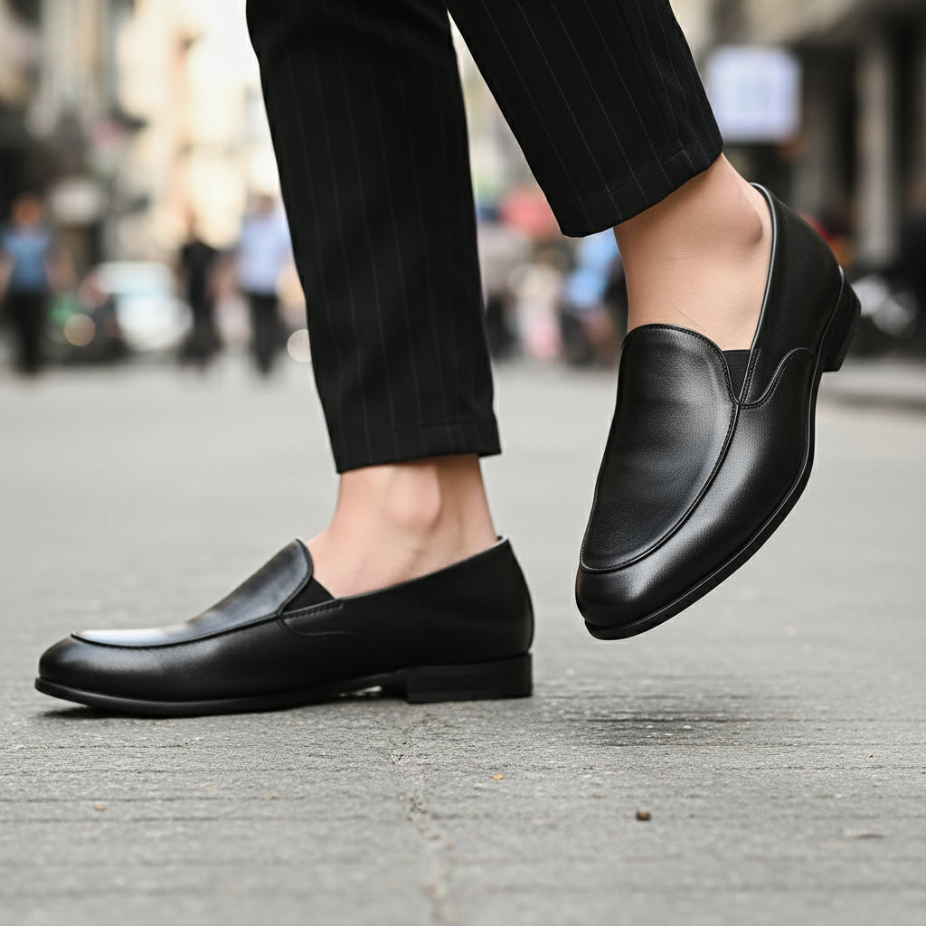 model-walking-street - Men's Black Leather Moccasin Loafers