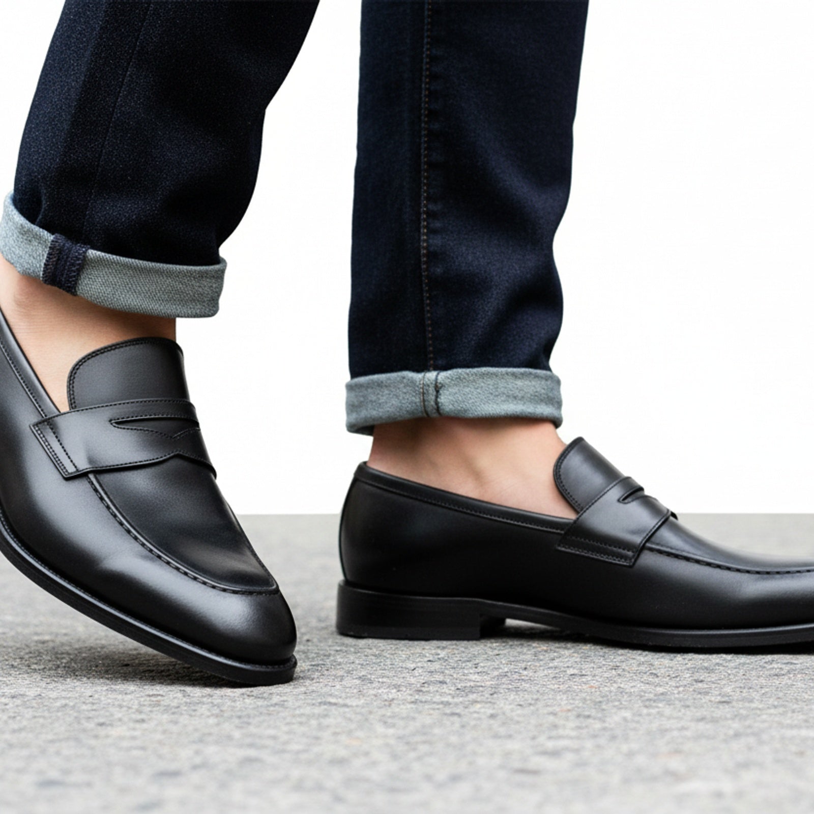 model-walking-street - Men's Black Leather Moccasins | Elegant Dress Design