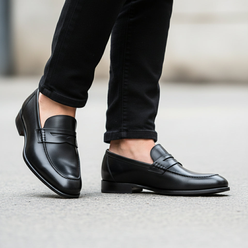 model-walking-street - Men's Black Leather Moccasins with Customizable Fit