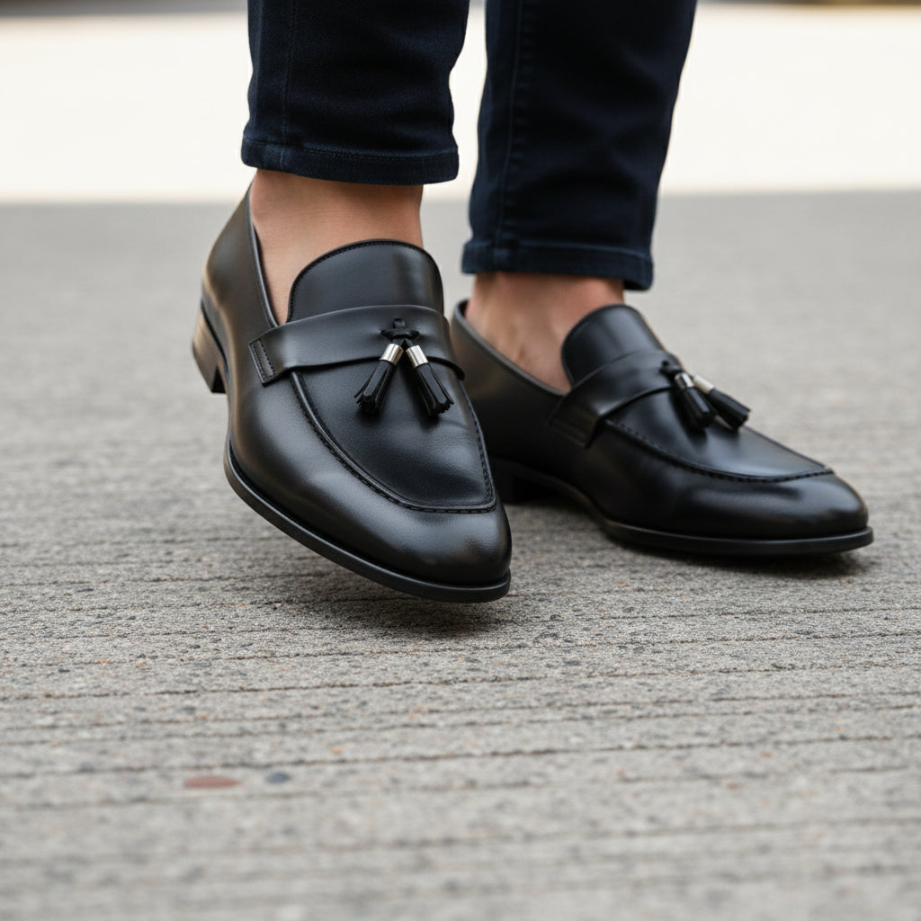 Men's Black Leather Moccasins with Tassels - model-walking-street