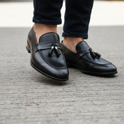Men's Black Leather Moccasins with Tassels - model-walking-street