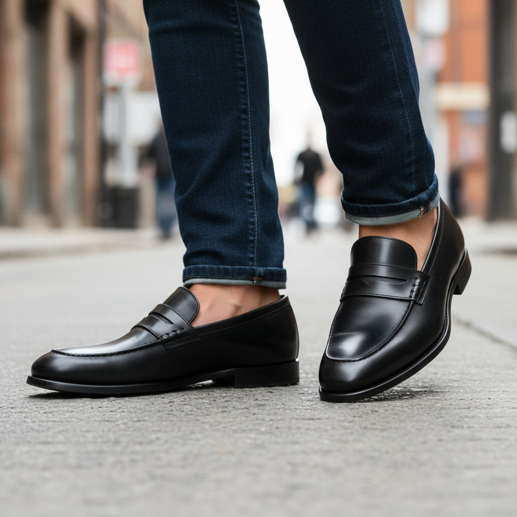 model-walking-street - Men's Black Leather Moccasins