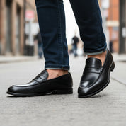 model-walking-street - Men's Black Leather Moccasins