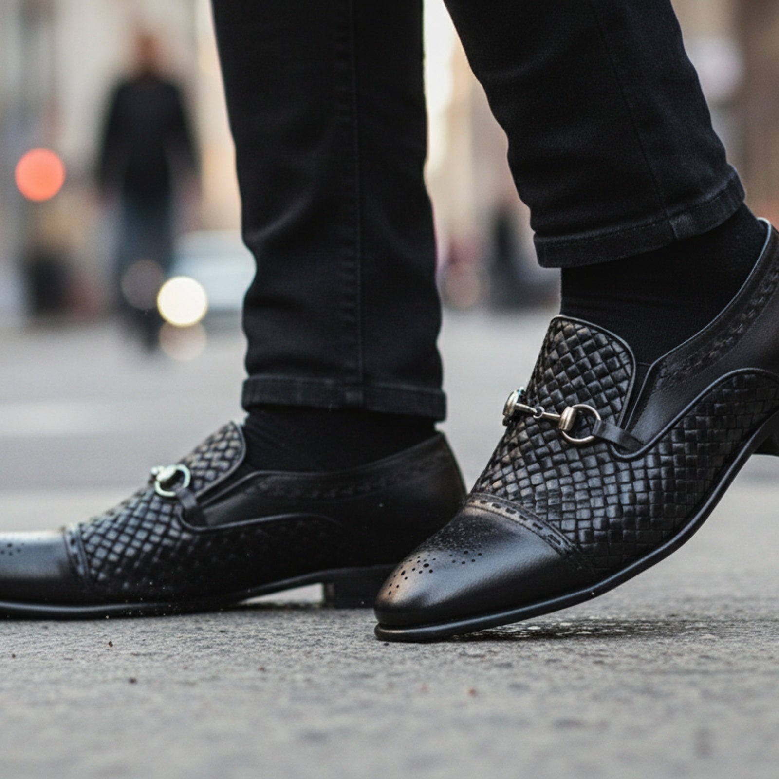 model-walking-street - Men's Black Leather Moccasins