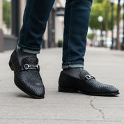 model-walking-street - Men's Black Leather Moccasins