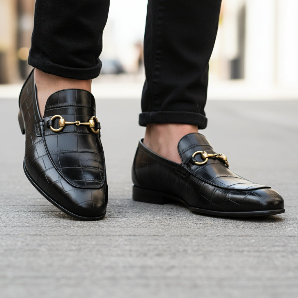 model-walking-street - Men's Black Leather Moccasins