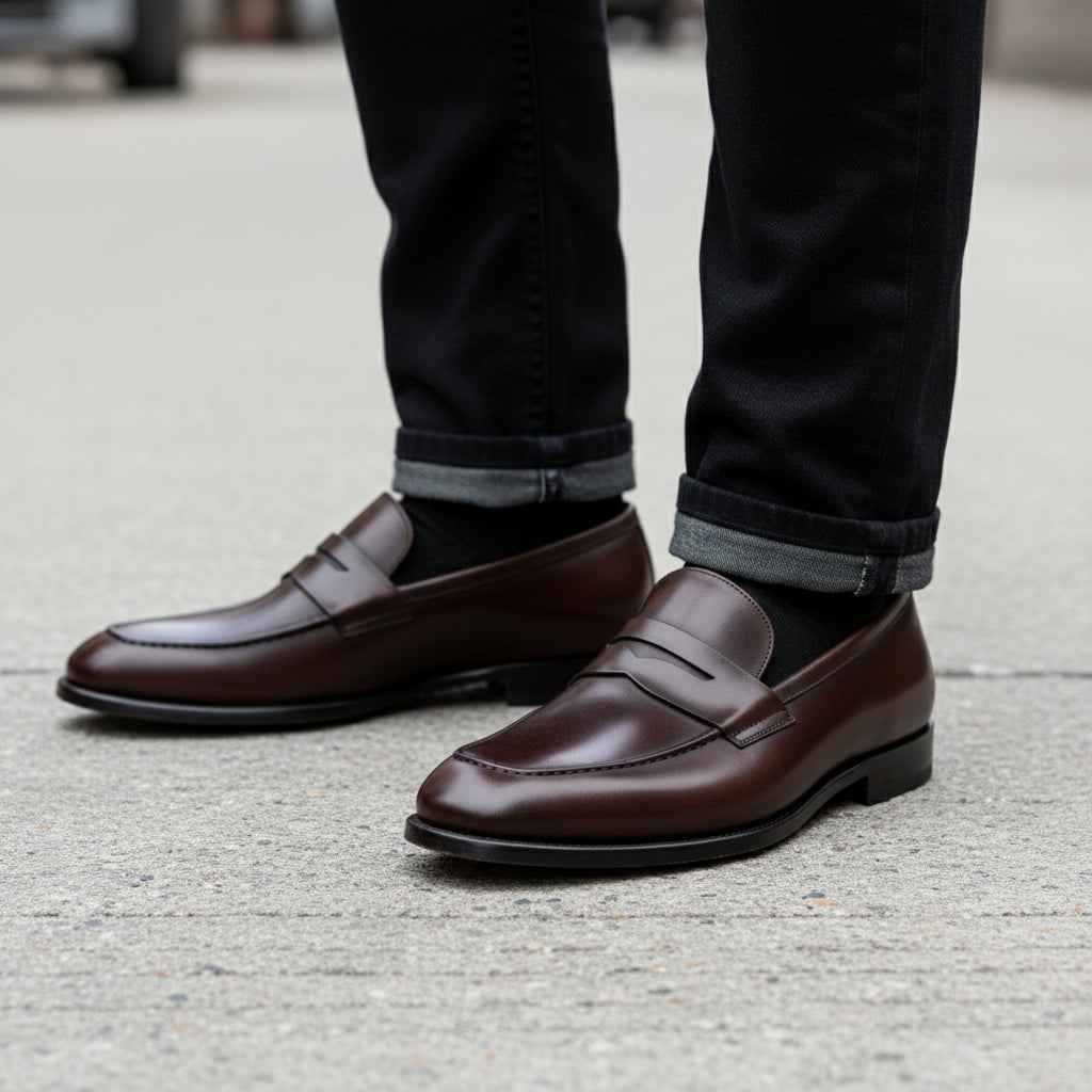 model-walking-street - Men's Black Leather Moccasins