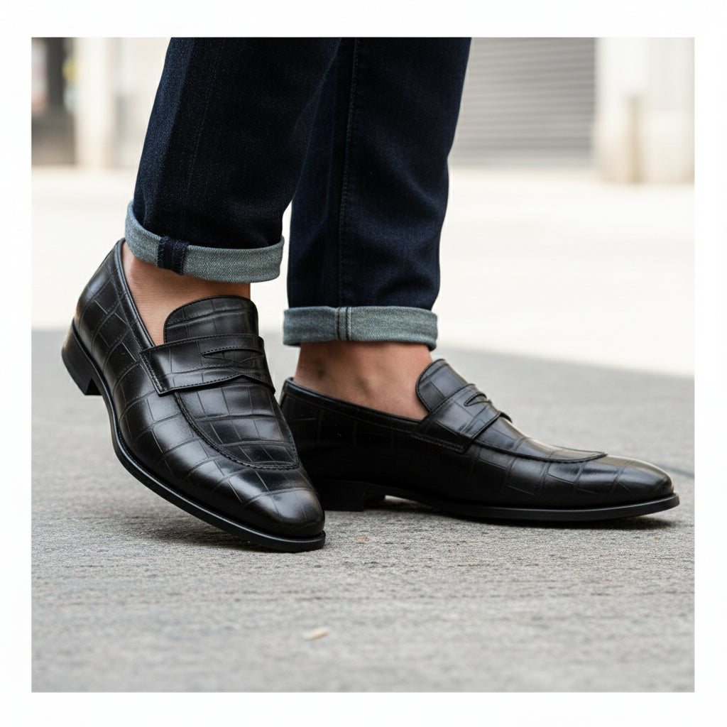 model-walking-street - Men's Black Leather Moccasins